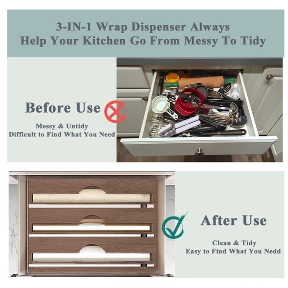 NEW 3 in 1 Bamboo Wrap Dispenser with Cutter Organizer Fits 12" Rolls - Picture 3 of 7